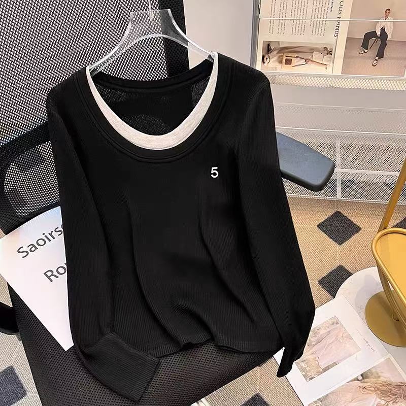 244假两件u领针织打底衫女2025秋冬季新款显瘦小衫内搭上衣