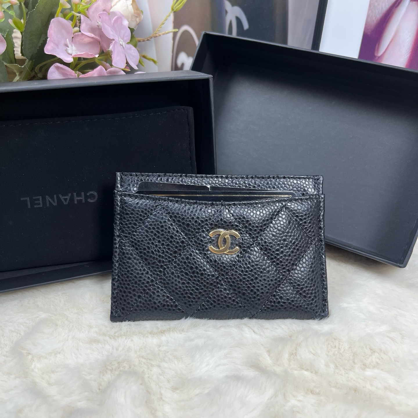 未使用 Chanel/香奈儿 黑金荔枝牛卡包（30开带卡全套）