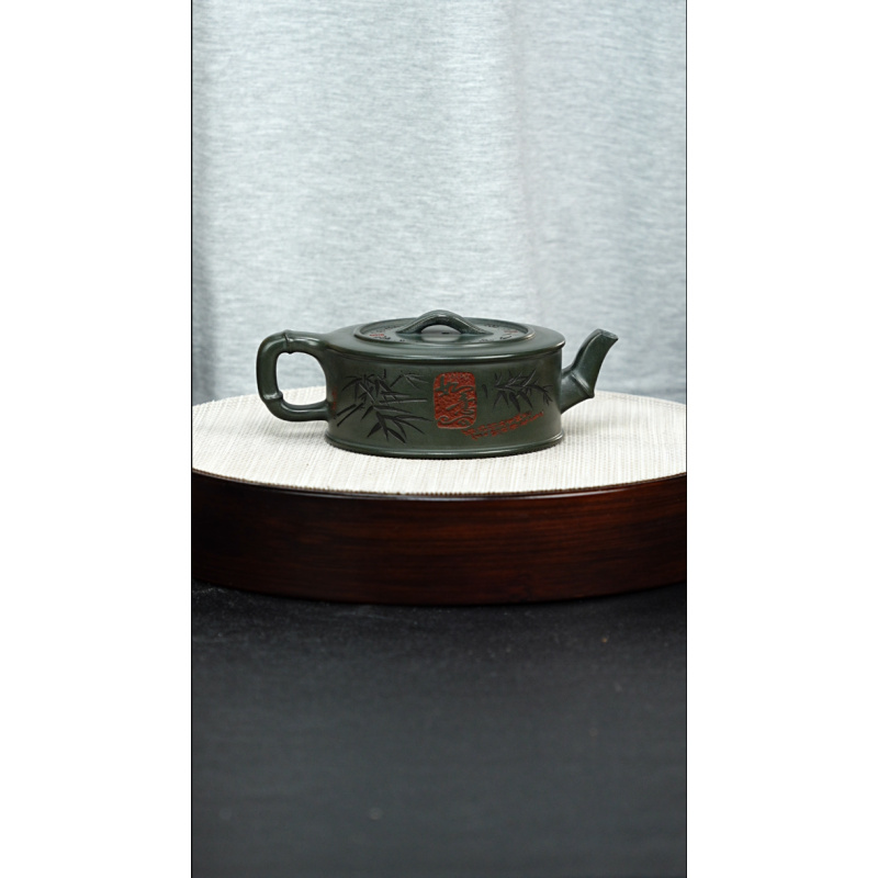 宜兴紫砂 竹段周盘 绿泥 谭青  h189