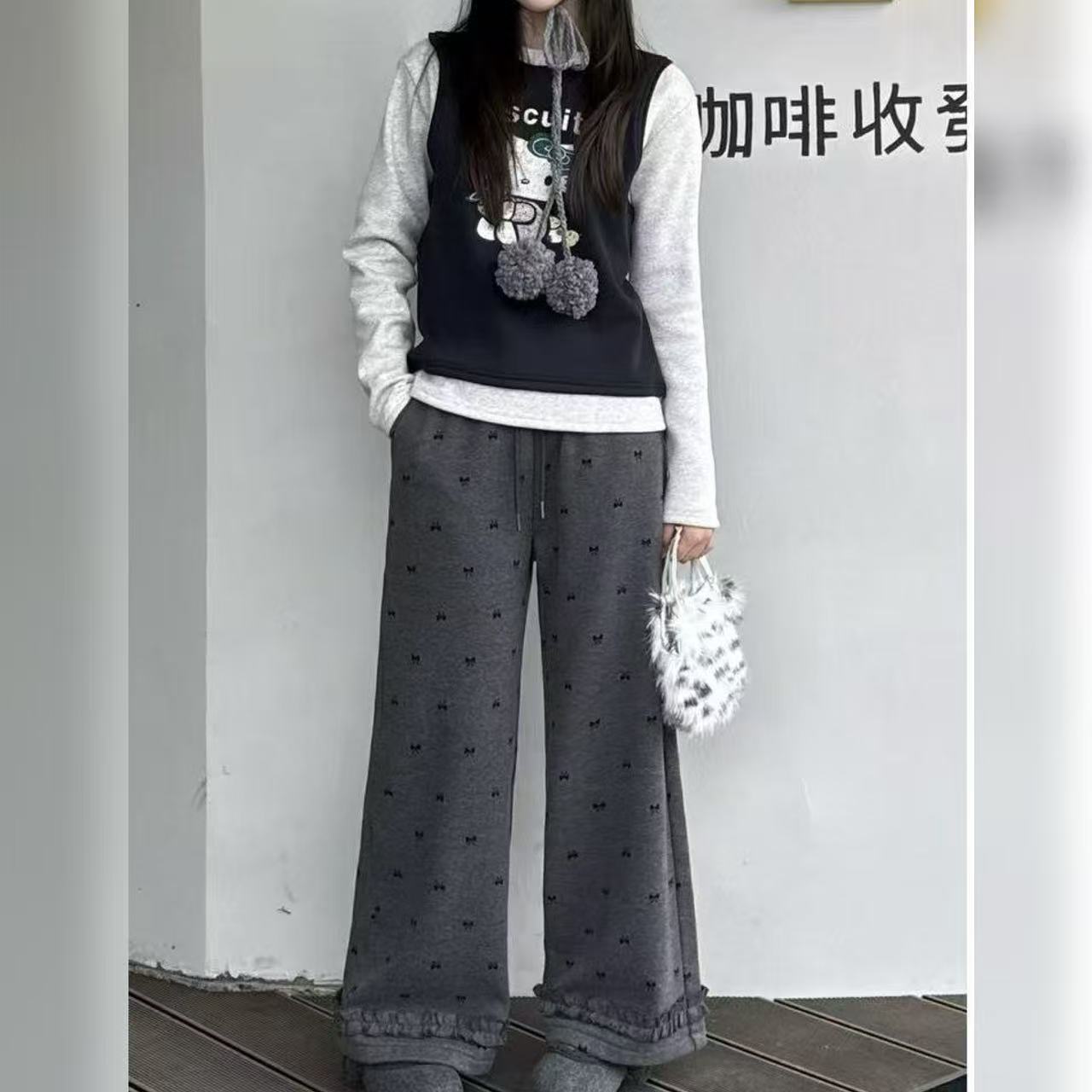 【2025秋冬韩款】加绒儿童蝴蝶结木耳边直筒糯米卫裤x1459