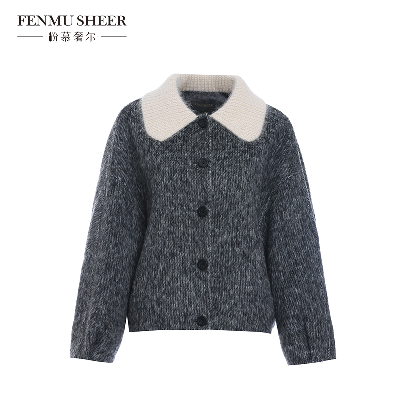 【苏西专属】粉慕奢尔『暮秋晚风』绵羊毛骆驼绒撞色针织领外套E7003