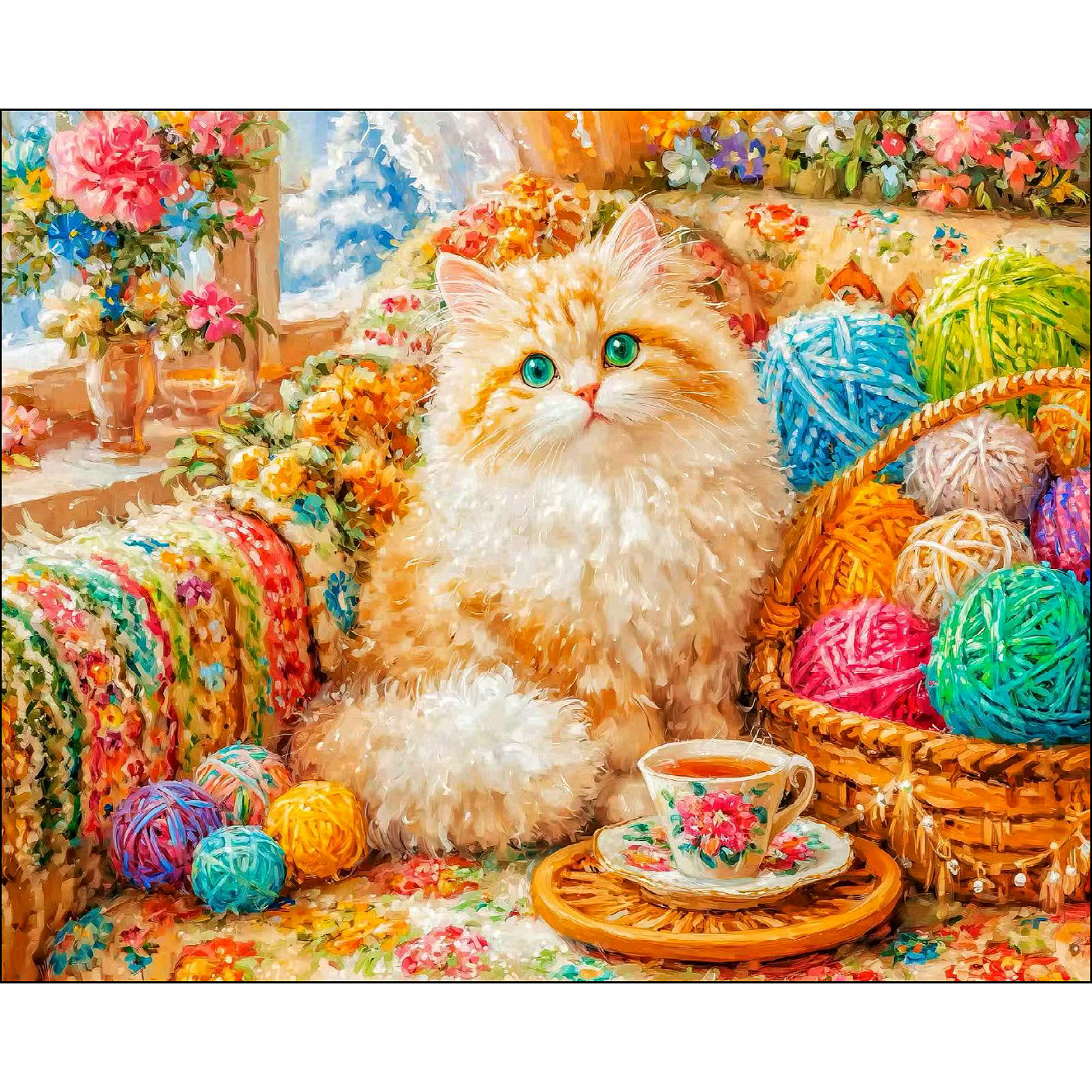 新疆长绒棉布，猫咪线球球70*85大格57色（精准印花）