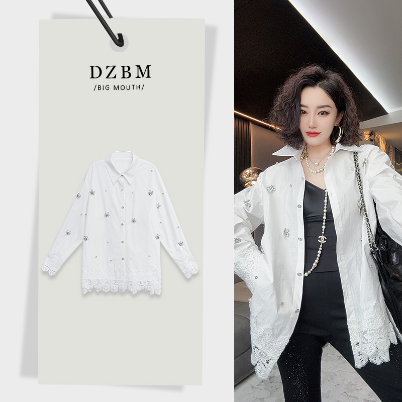DZBM2025春季新款蕾丝下摆重工亮钻设计长袖翻领衬衫-S5498