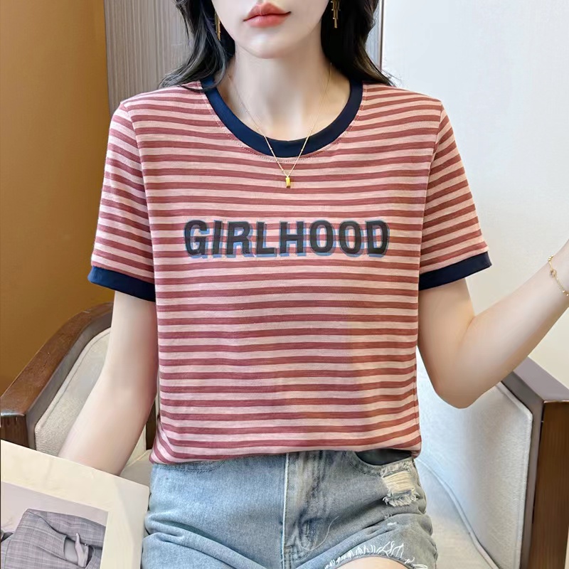 减龄洋气字母印花撞色条纹遮肚显瘦百搭女T恤