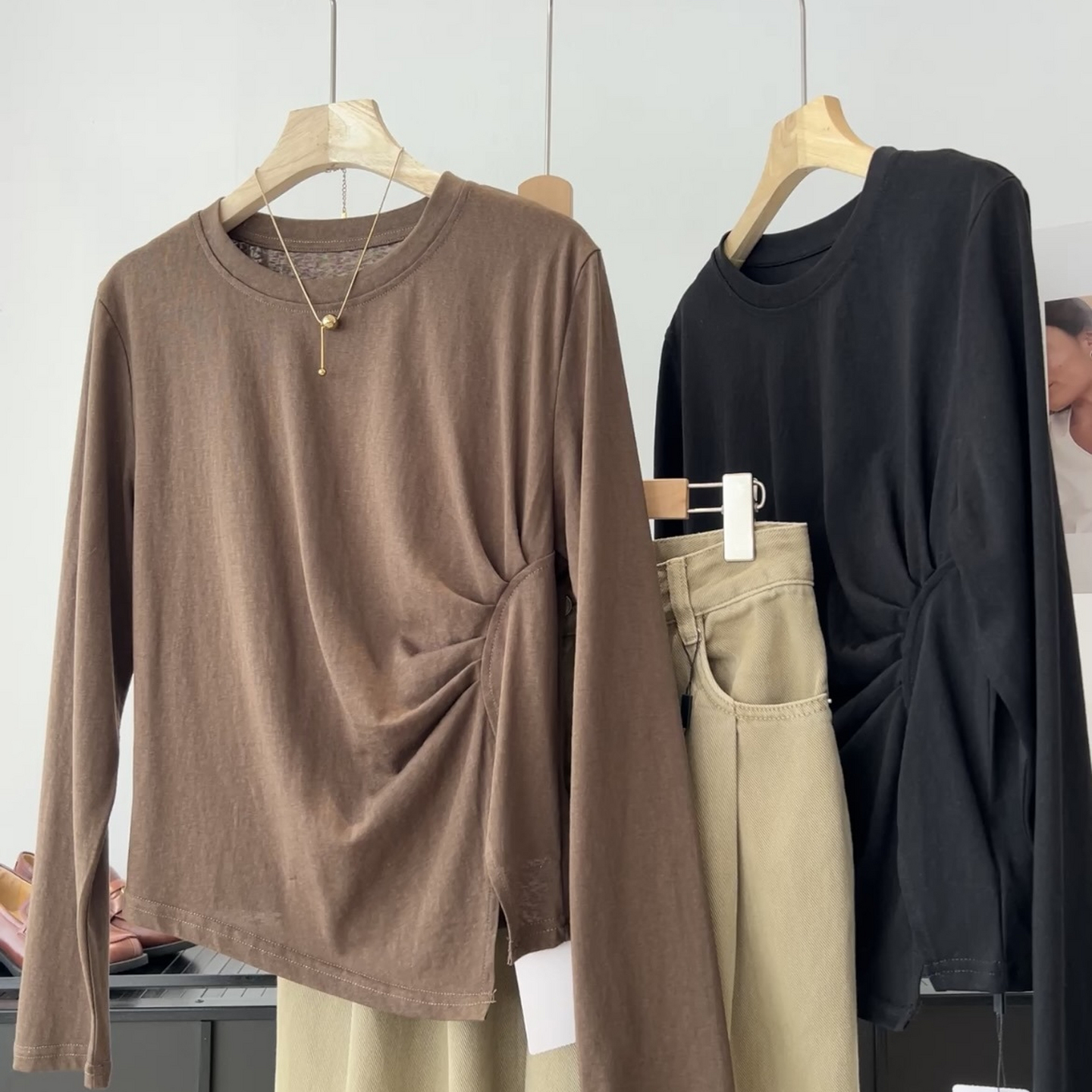 诗黎·诗黎圆领单侧压褶长袖T恤女纯色设计感小众休闲上衣秋季新款