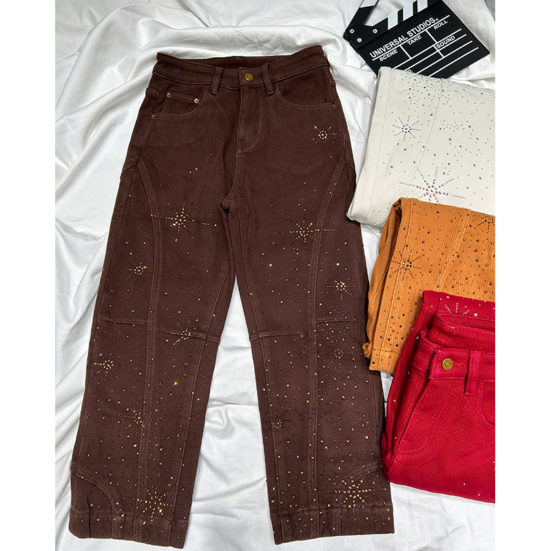 满天星烫钻复古阔腿牛仔裤女2025新款冬加绒梨型身材不贴腿直筒裤