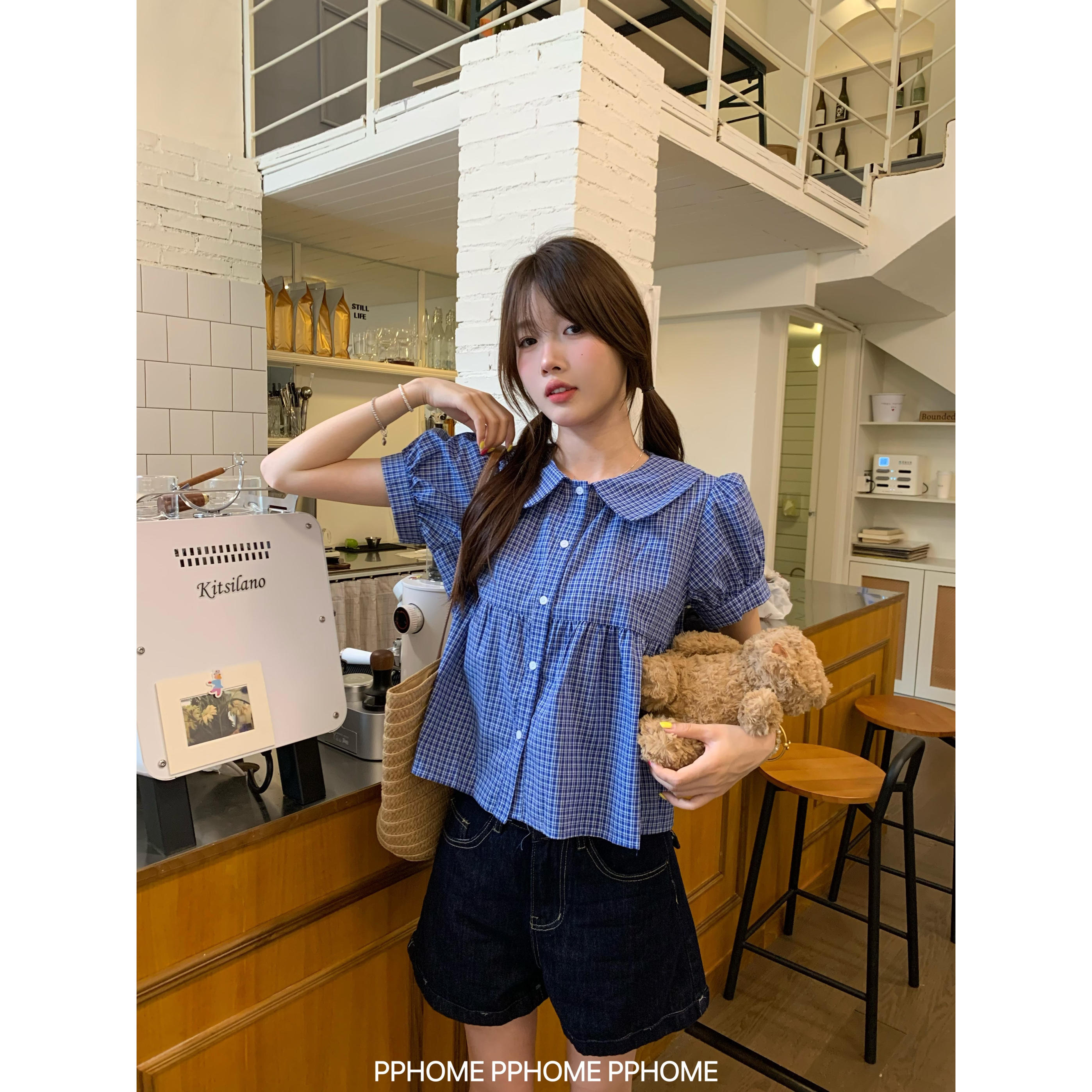 PPHOME自制~白色甜美娃娃领短袖衬衫女夏季蓝色格子减龄衬衣上衣