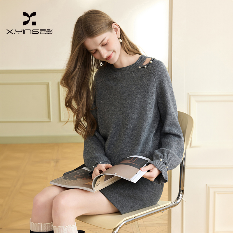 【CC王专属】M75W003毛针织衫香影灰色圆领镂空针织衫女冬季新款