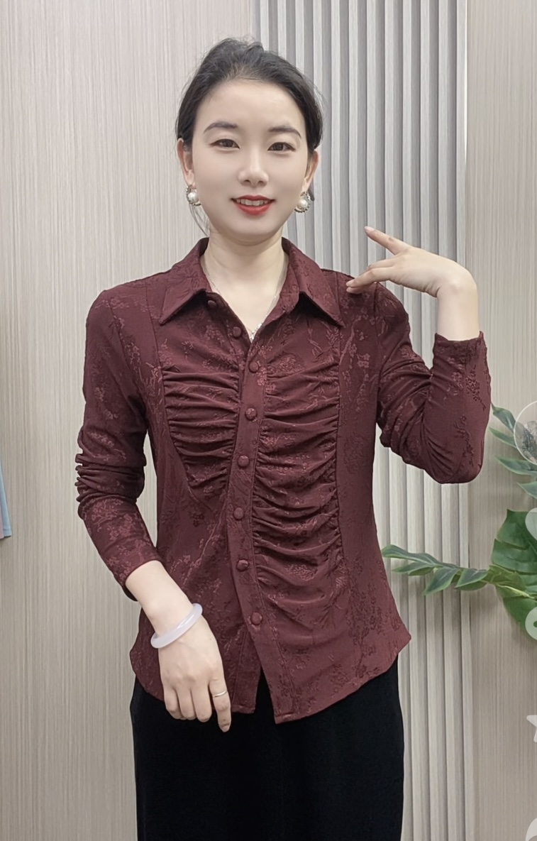 2025秋季新款时尚女士衬衫领修身版长袖洋气妈妈装上衣显瘦气质