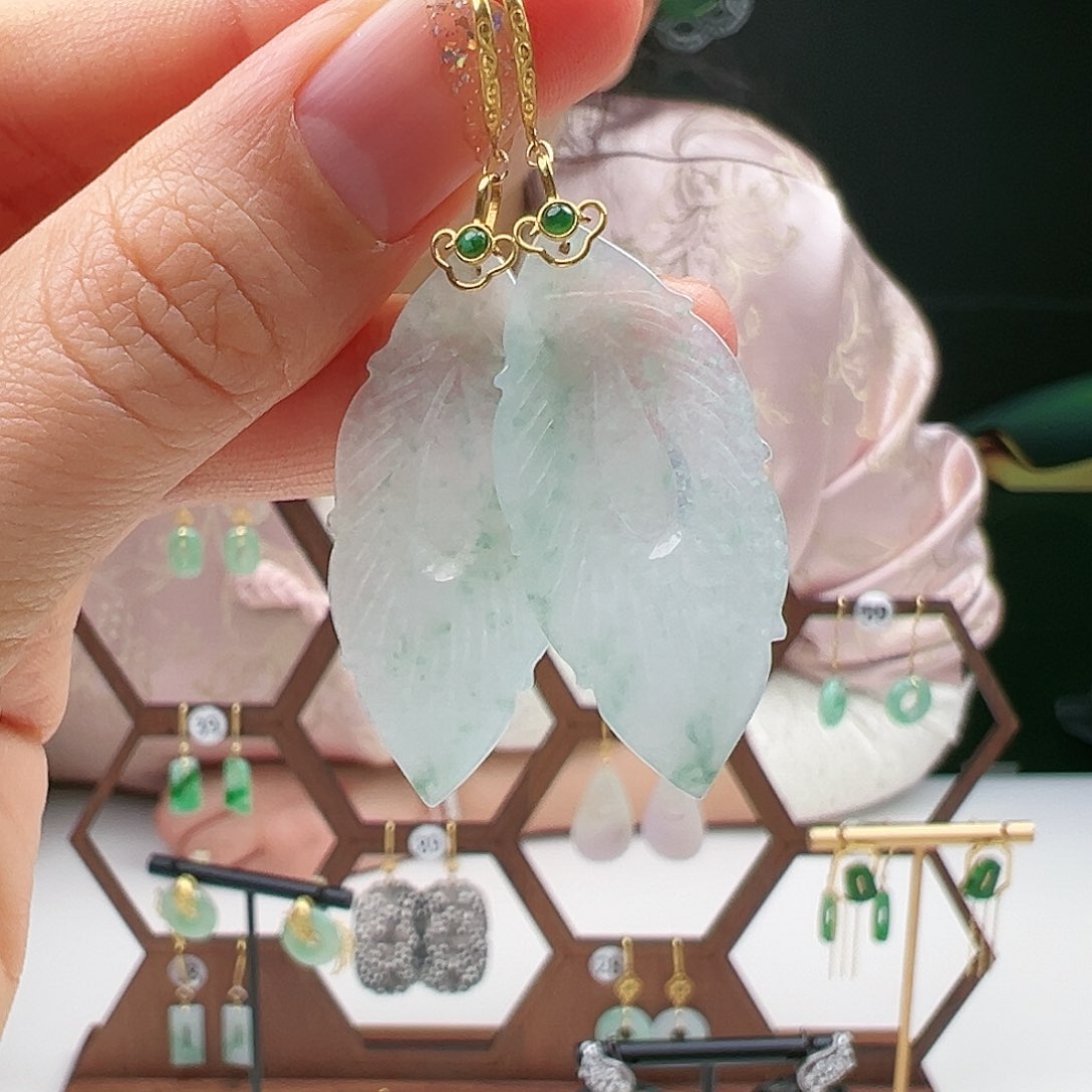 翡翠耳饰18K金镶嵌天然翡翠