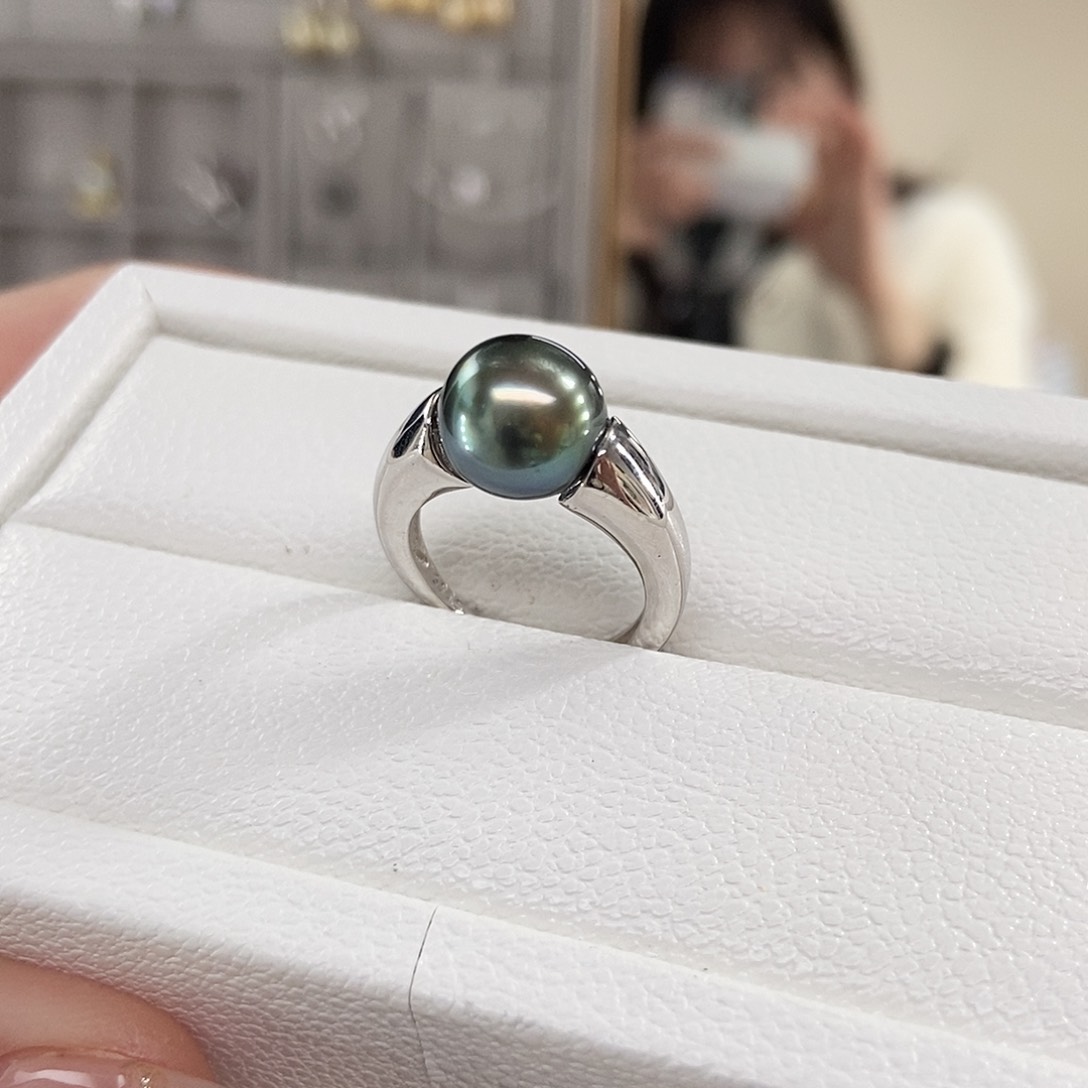海水珍珠戒圈银S925镶嵌大溪地黑珍珠
