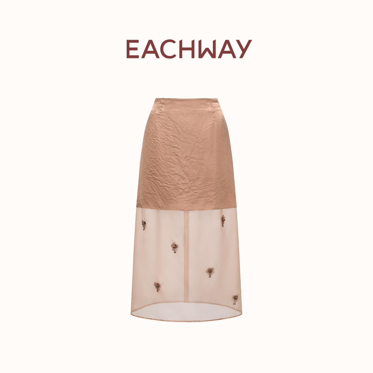 Eachway/艺之卉26春夏100%醋纤拼接桑蚕丝刺绣半身裙EW11A02692