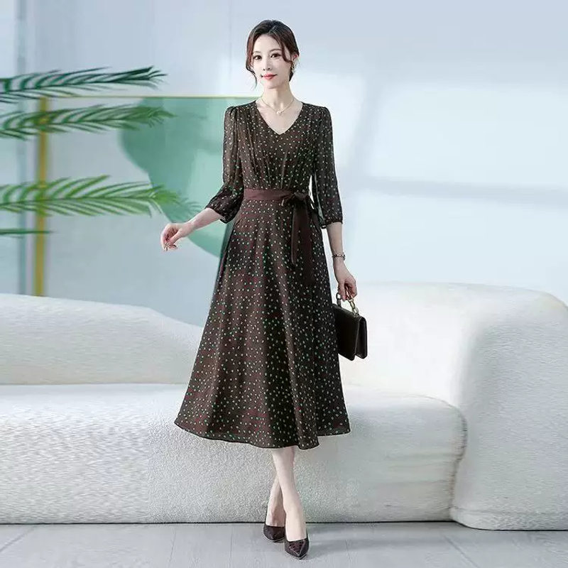 系带七分袖V领气质长裙雪纺裙连衣裙