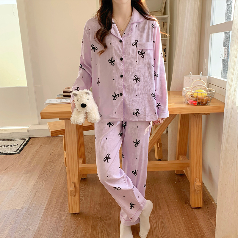 春秋季云朵棉睡衣女开衫长袖韩版宽松甜美休闲翻领秋天家居服套装