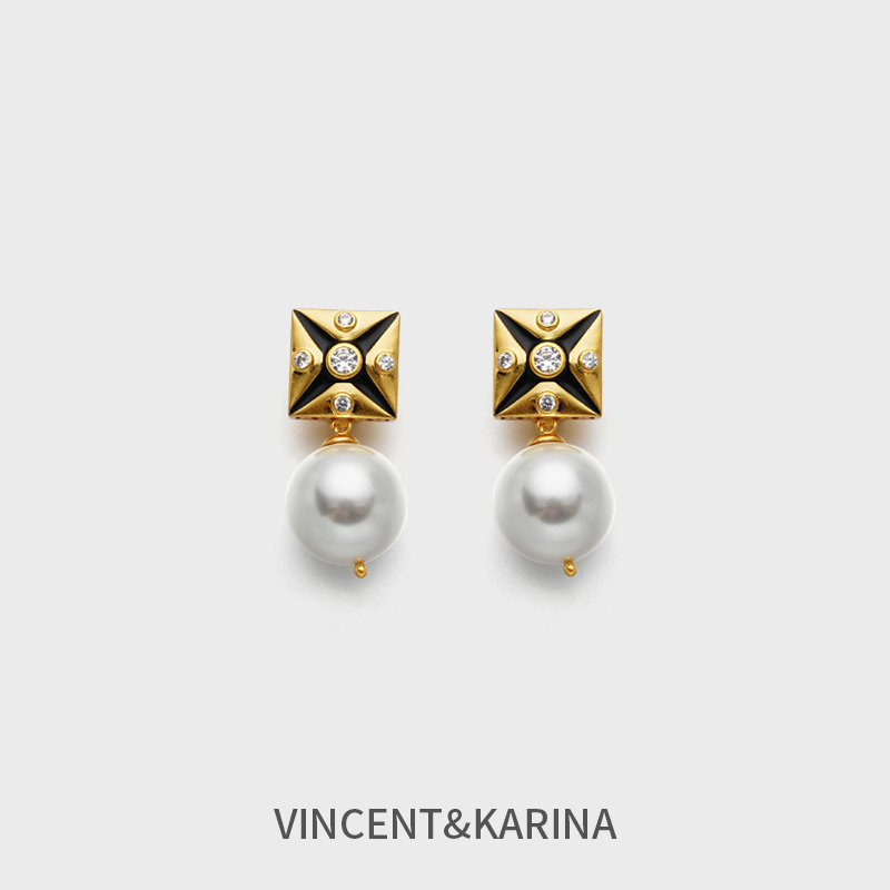 VINCENT&KARINA 铜合金耳饰 【金球】复古黑金镀18K金无耳洞耳夹