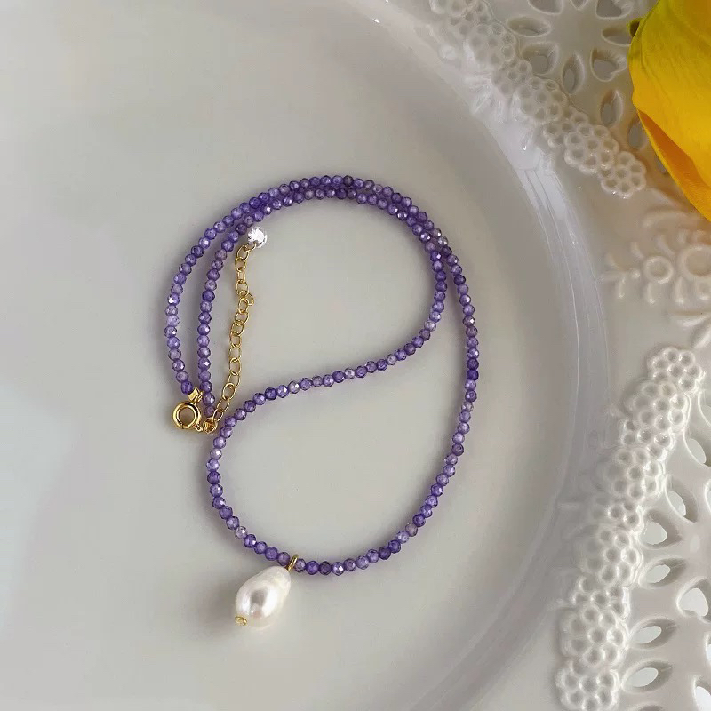 紫水晶天然珍珠项链精致闪亮叠戴高级锁骨链
