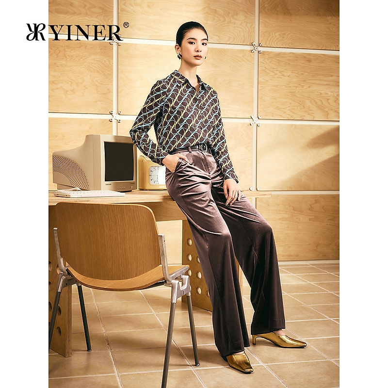 【真丝系列】YINER音儿2025秋季新款法式艺术印花弹力斜纹绉衬衫