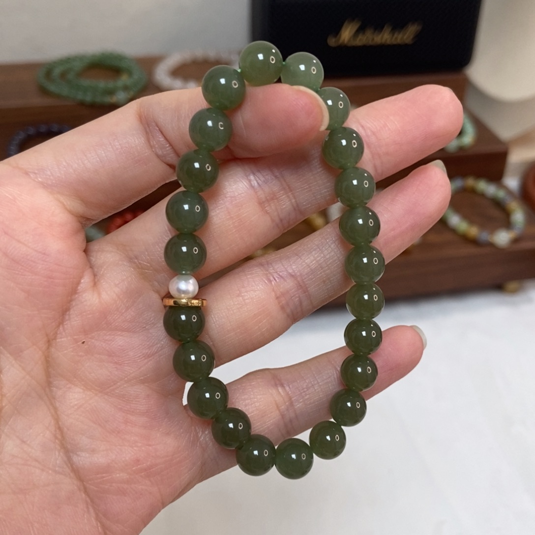 手链银S925镶嵌和田玉福利8mm深柜湖水绿