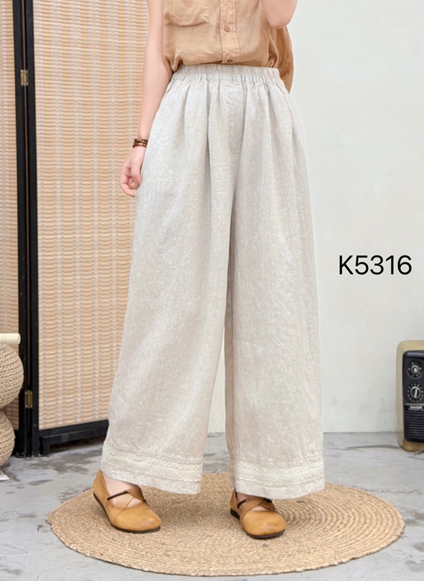 长裤夏季勾花镂空拼接口袋休闲裤休闲复古阔腿裤灯笼裤文艺