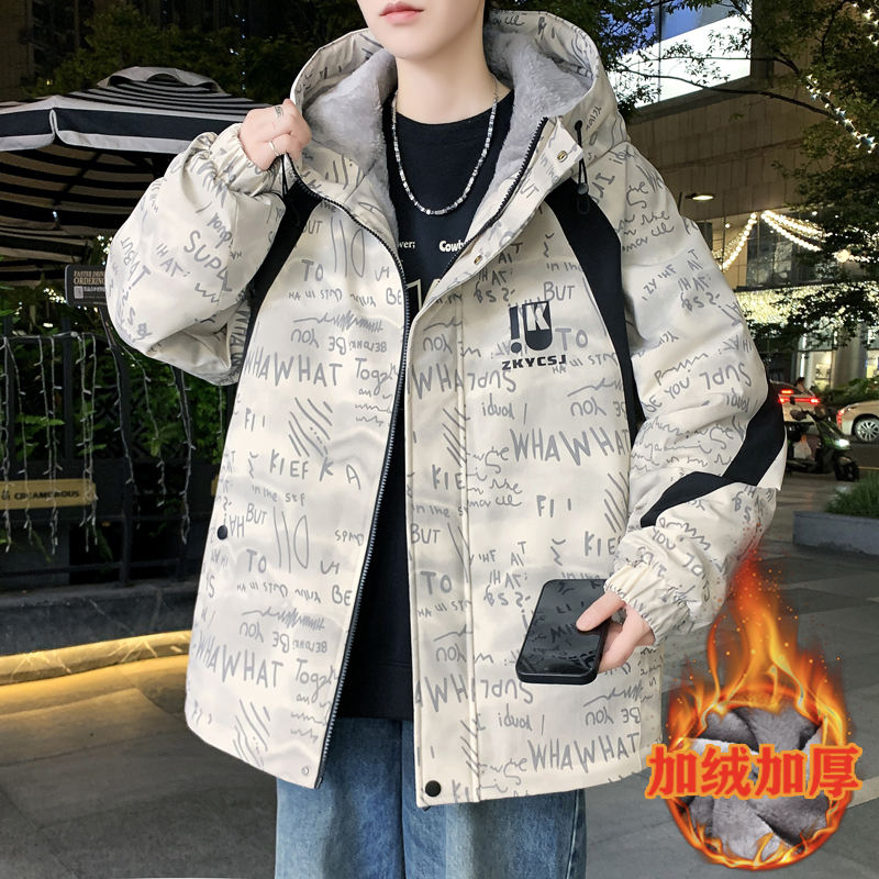 冬季加绒加厚连帽外套青少年初高中学生帅气宽松夹克男生潮牌棉服