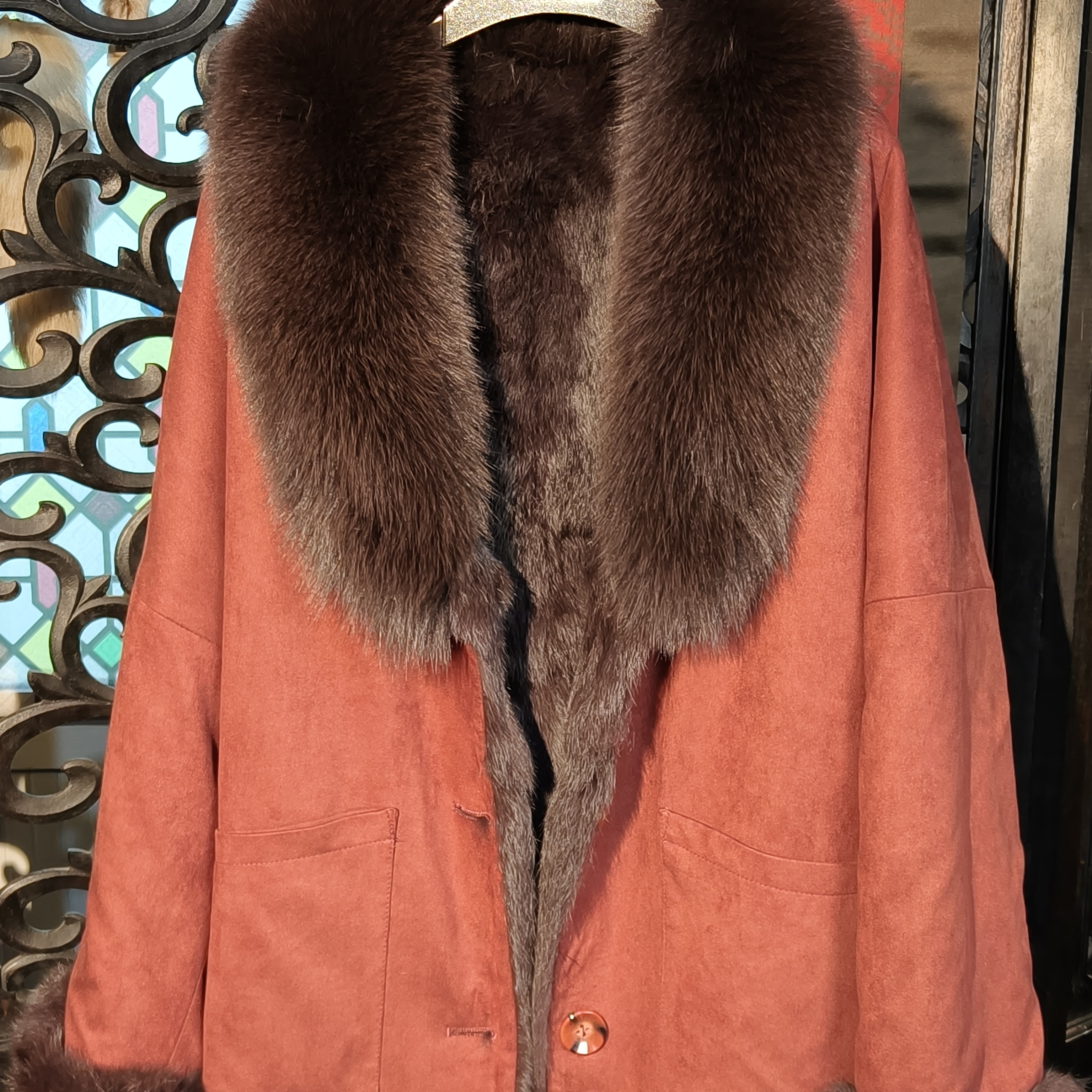 25设计师奢华大气复古红调性优雅知性贵气狐狸毛领皮草真兔皮外套