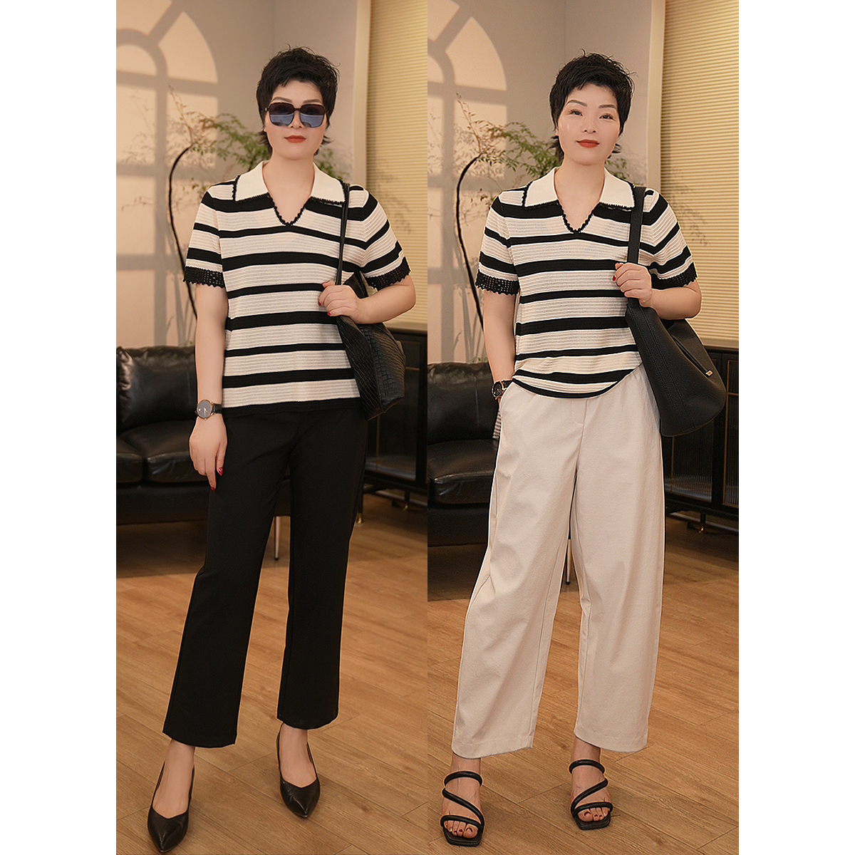 【珍姐】高知polo衫 42支高粘仿亚麻镂空短袖条纹针织上衣DC5688