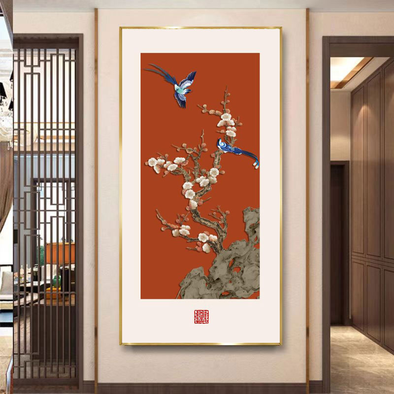 喜上枝头入户玄关装饰画2024新款中式正对门走廊过道红色挂画轻奢