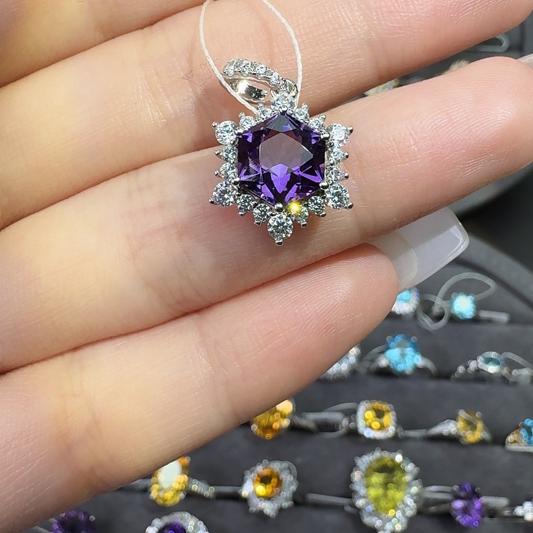 紫晶吊坠(不含链)银S925镶嵌3.0