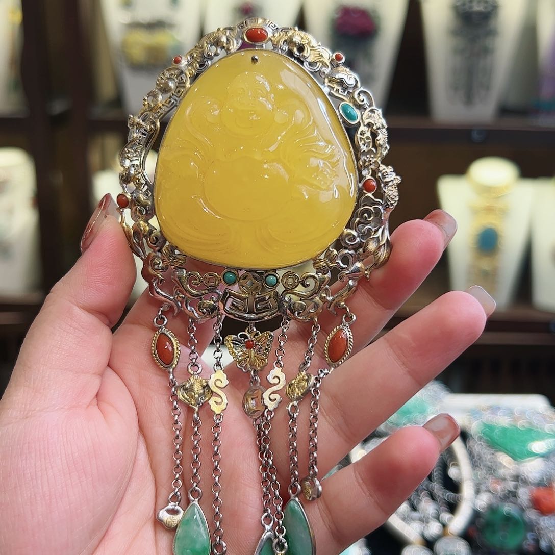 琥珀颈饰银S925镶嵌古风