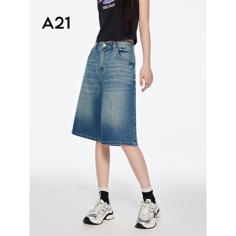 A21女装中腰阔腿牛仔五分裤F452226028