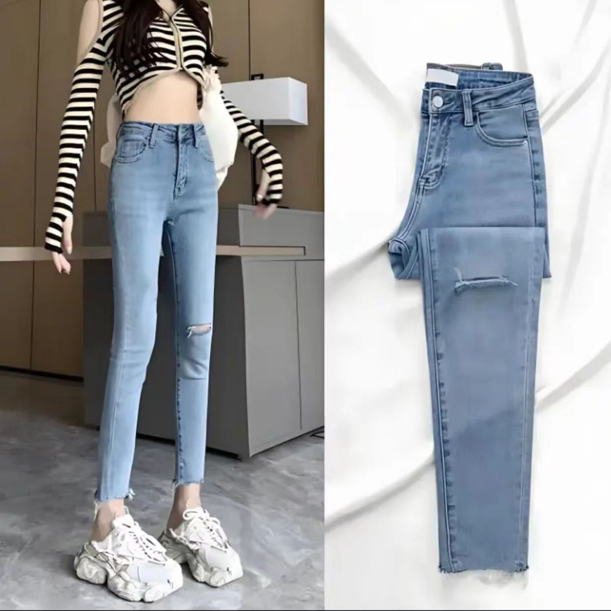 2025夏季新款高腰显瘦紧身矮个子九分裤小脚裤小脚牛仔裤女