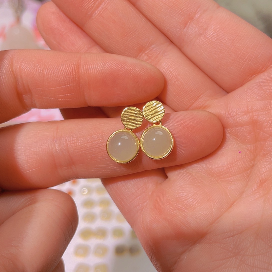 和田玉耳饰银S925镀金镶嵌