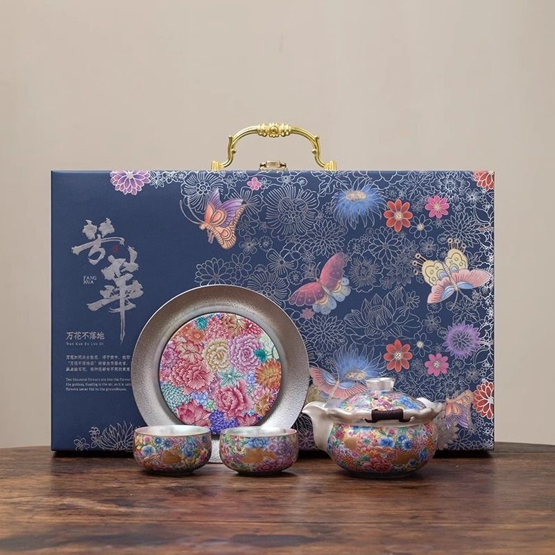 茶颜悦器万花珐琅彩手抓壶一壶两杯礼盒装