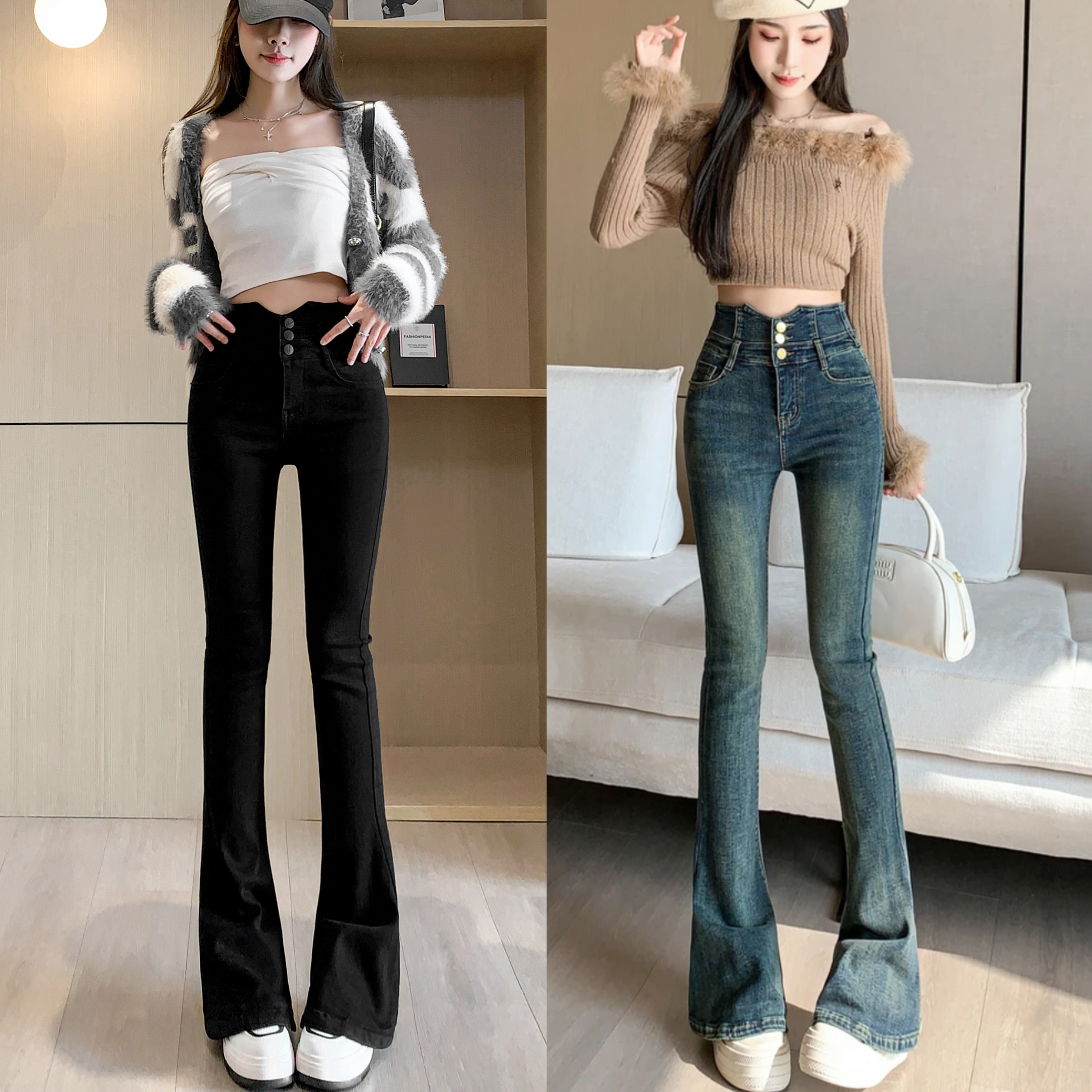 高腰马蹄裤女2025冬季小个子修身显瘦微喇叭牛仔裤子9534