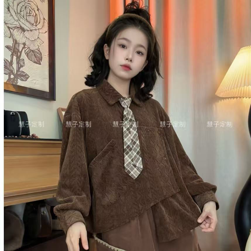 慧子“古色古香”复古美拉德不规则门槛宽松显瘦气质长袖衬衫