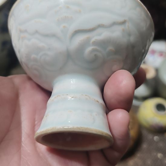 心***忘摆件一件精美湖田窑刻花高足小杯全品
