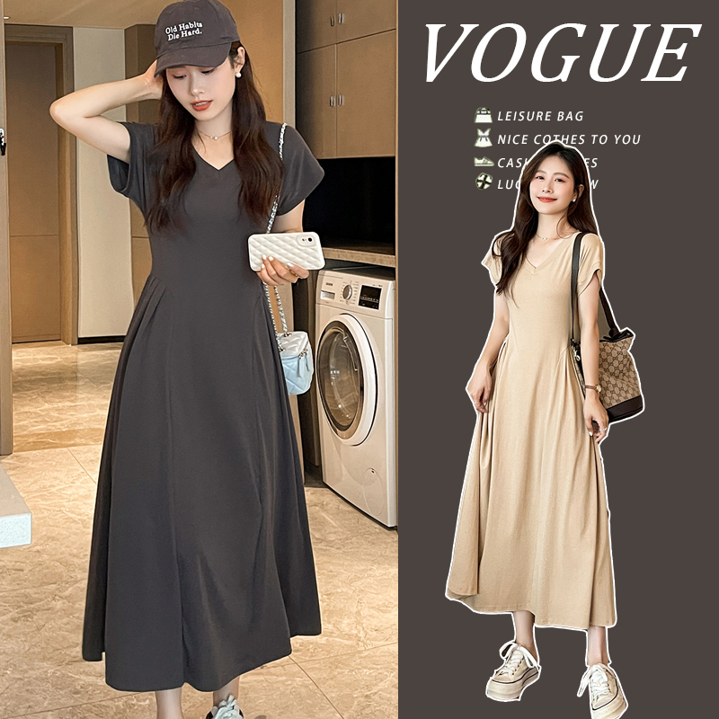 孕妇2025夏季新款韩版时尚宽松显瘦中长款潮妈外出V领孕妇连衣裙