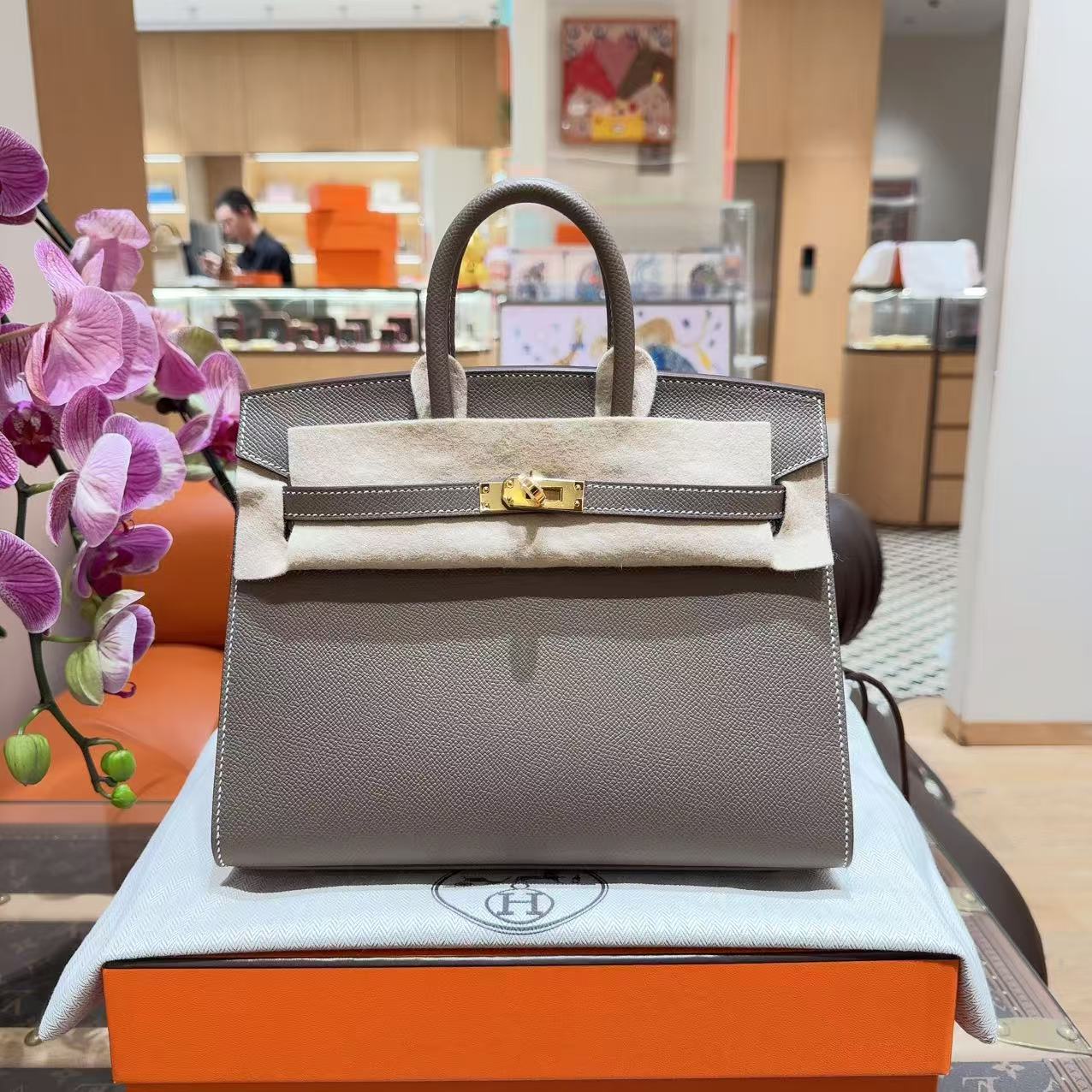 未使用 Hermes/爱马仕 birkin25 大象灰 金扣 E皮 W刻