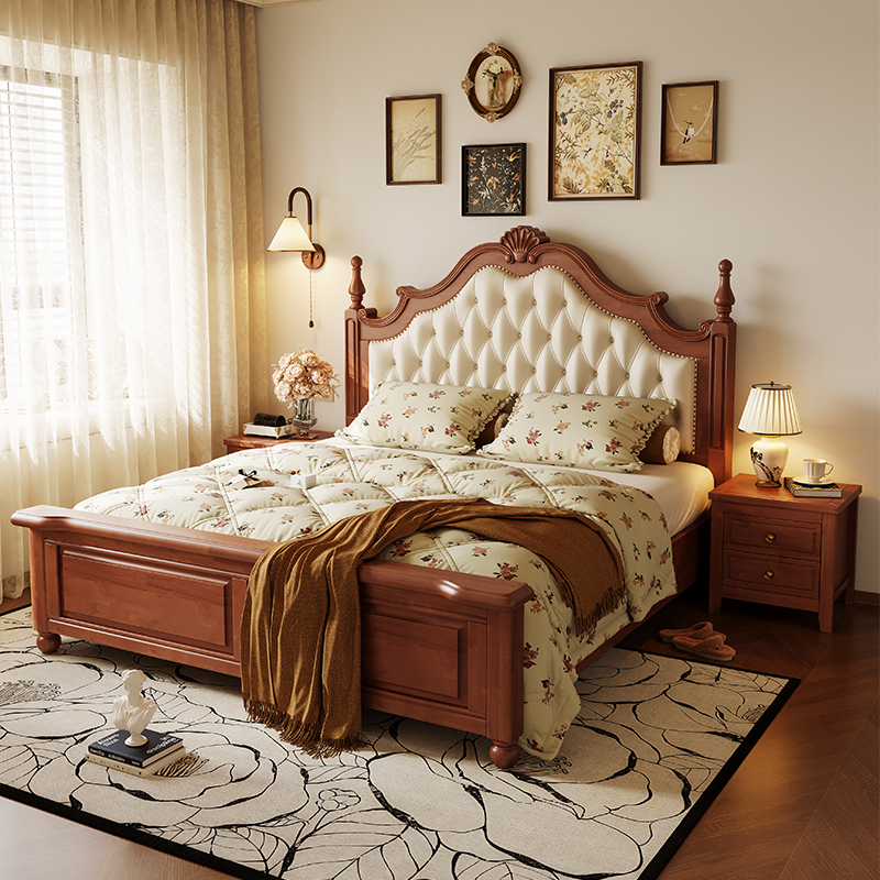 复古美式实木床轻奢软包双人床主卧室气压高箱家用储物大床