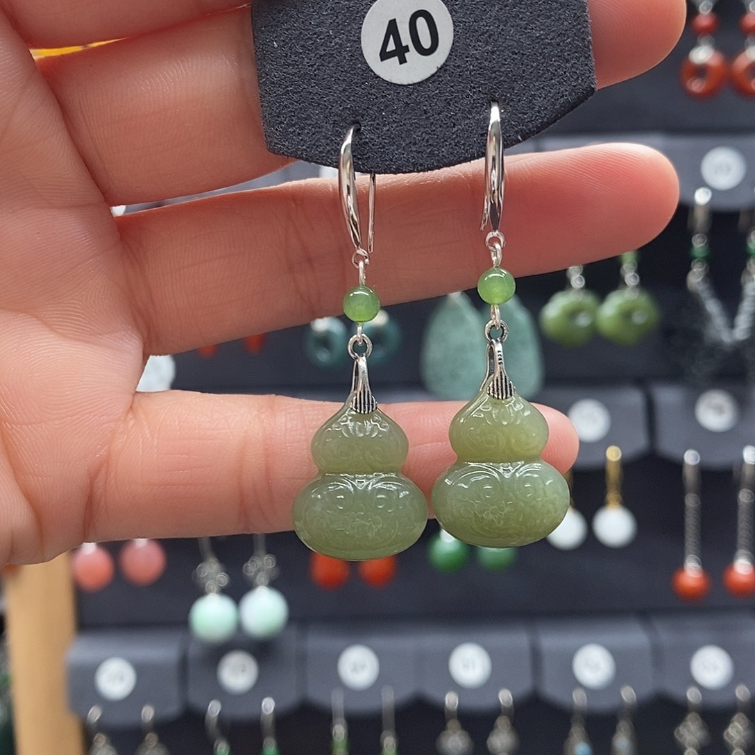 和田玉银S925镶嵌耳饰