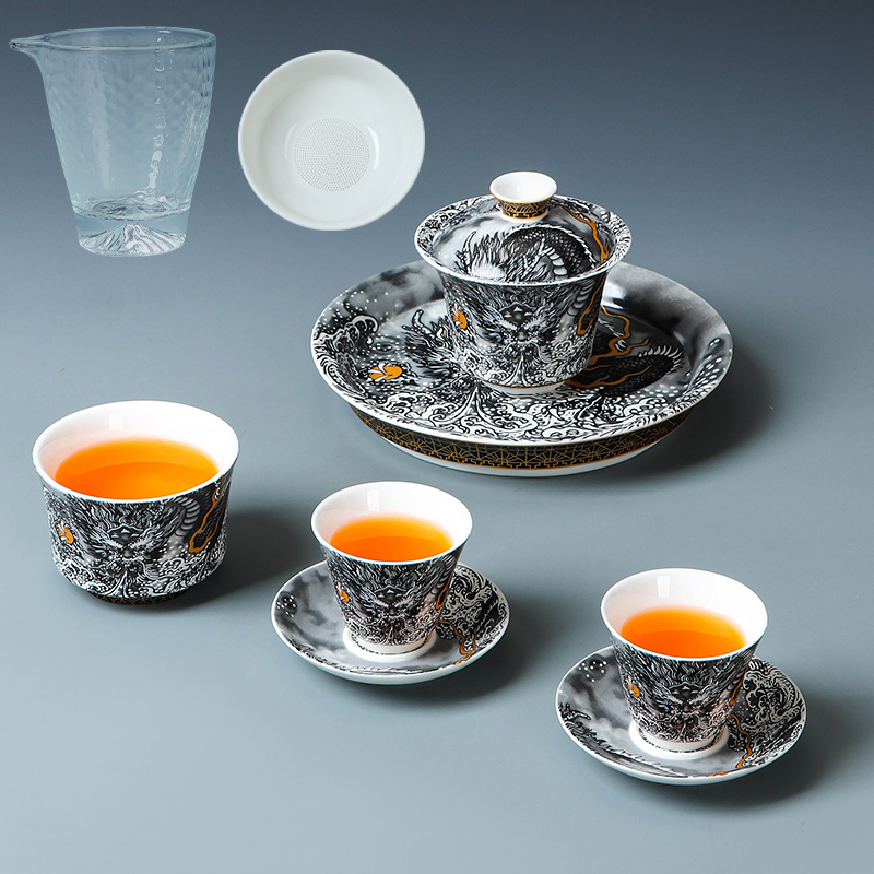 景德镇墨龙功夫茶具套装可悬停旋转三才盖碗公司活动开业伴手礼品