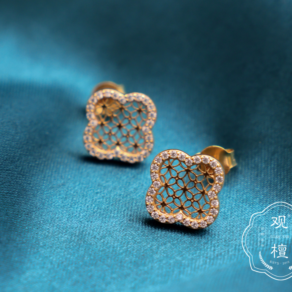 观檀 925银耳饰 镀K金镂空镶锆石四叶草耳钉高奢气质款女70072