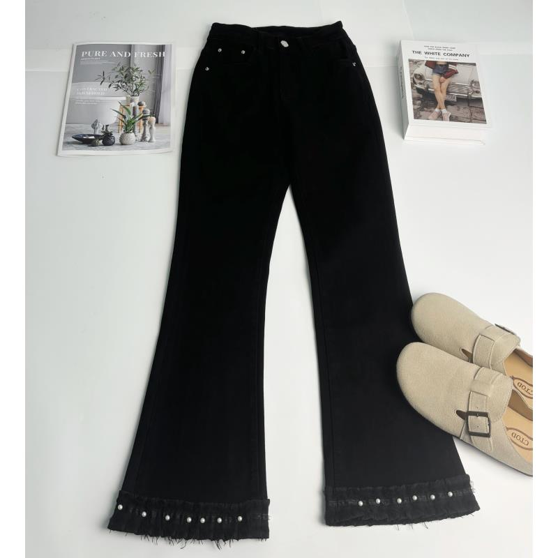 新新定制-高腰复古微喇裤牛仔裤修身显瘦蕾丝边喇叭裤子175817