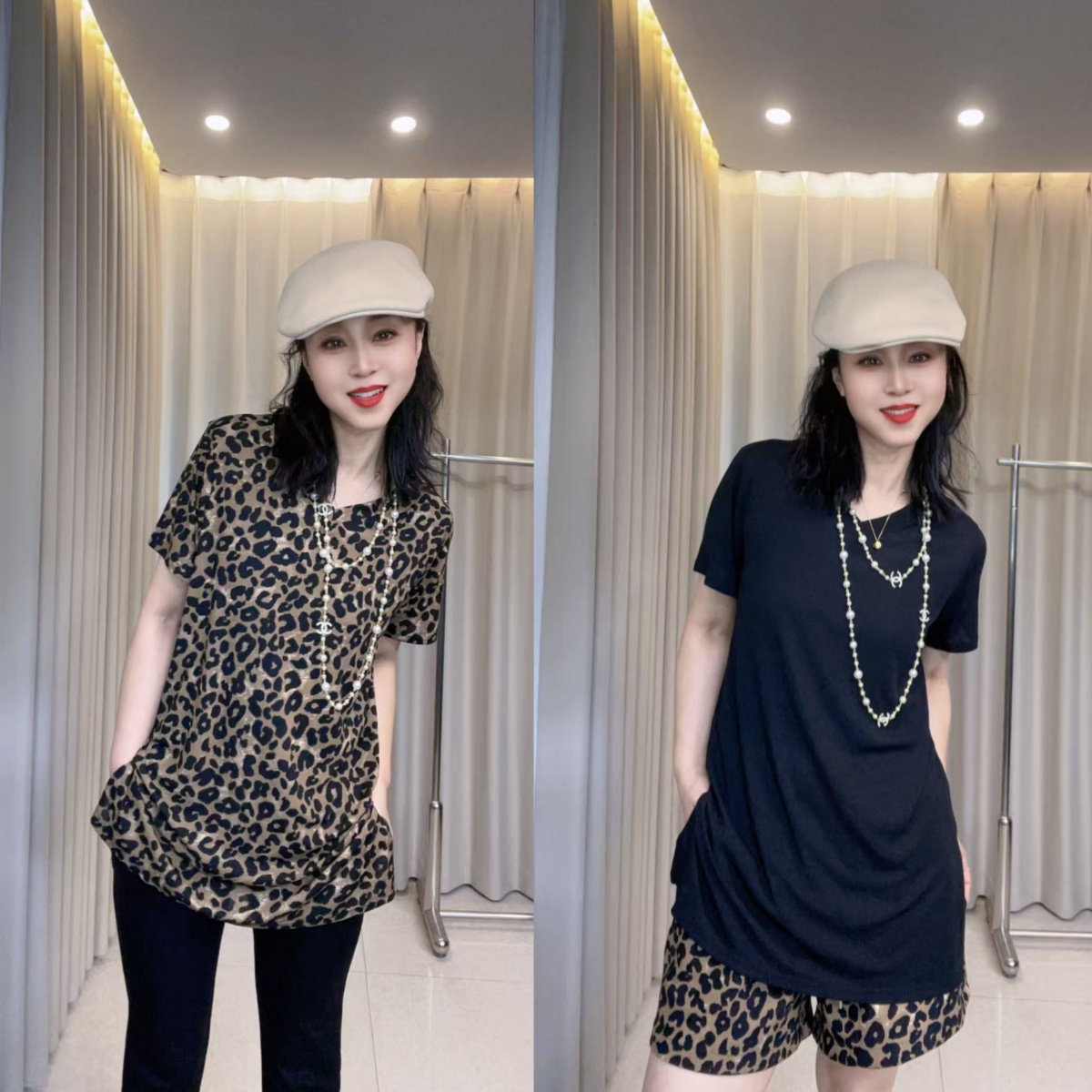 588时尚复古豹纹宽松小衫女夏季中长新款百搭显瘦减龄V领上衣气质