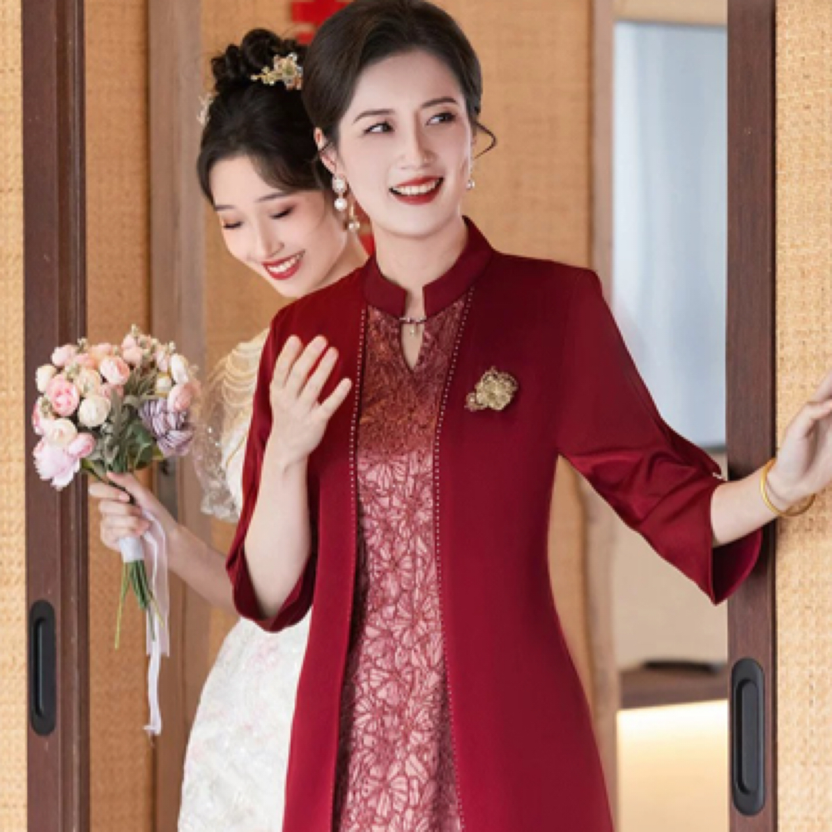 新中式喜婆婆婚宴红色旗袍假两件套装女方妈妈丈母娘结婚礼服高端