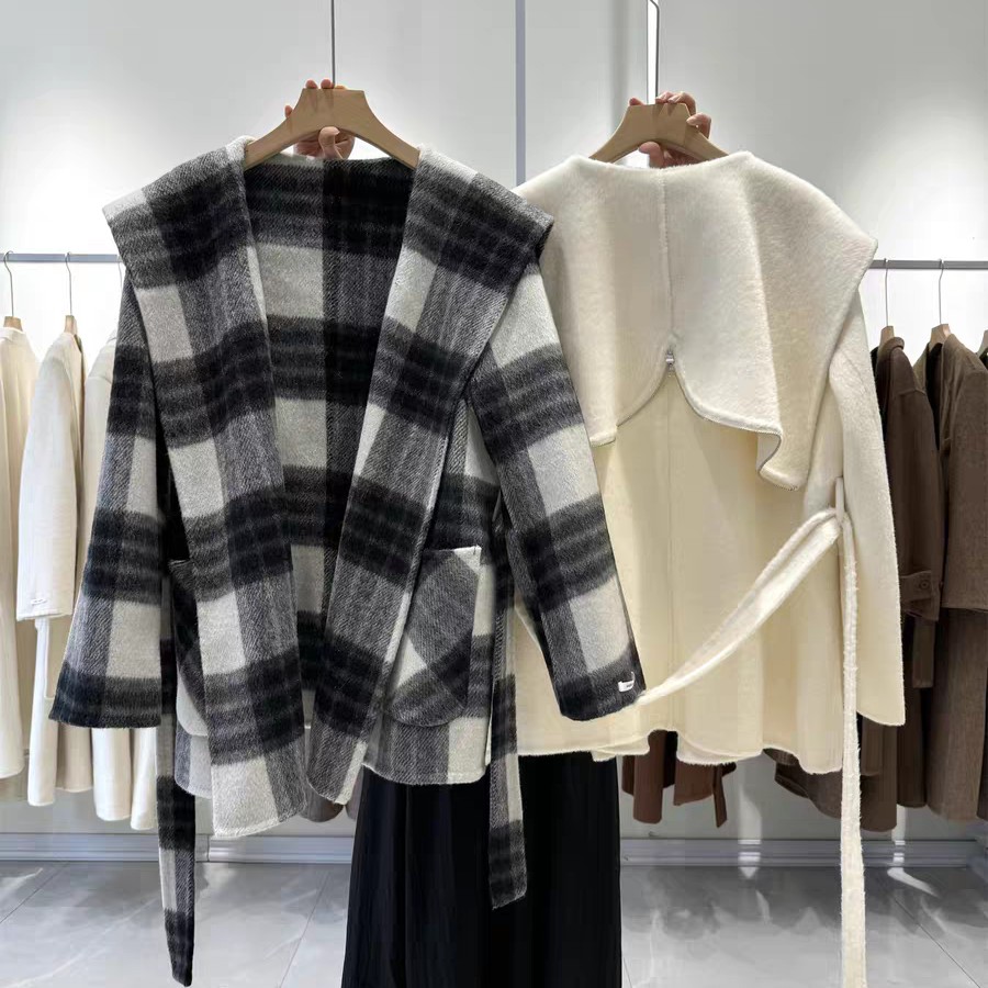 （直播间扣号拍）秋冬新款海军领双面羊毛大衣女短连帽复古毛呢大衣