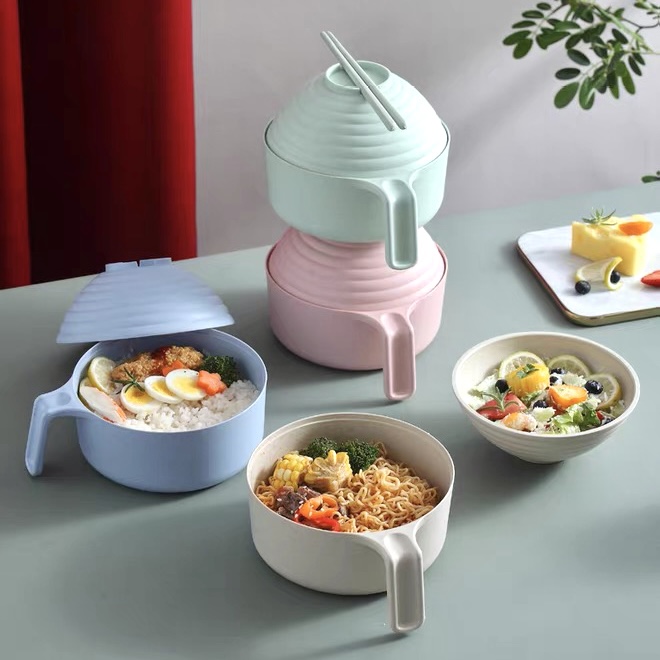 小麦秸秆材质带盖单把手泡面碗五件套（容量约1L）