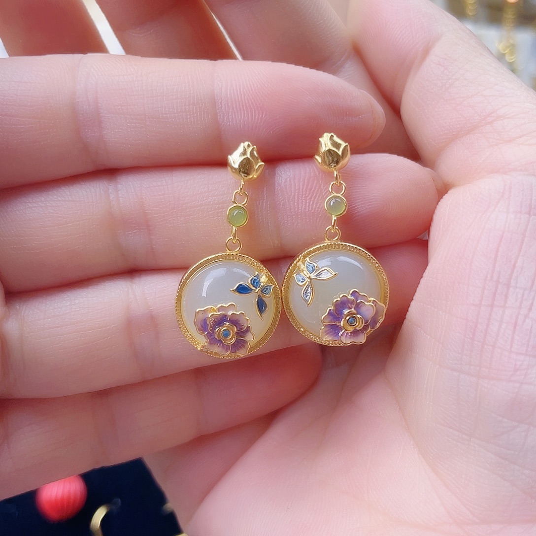 和田玉银S925镀金镶嵌耳饰