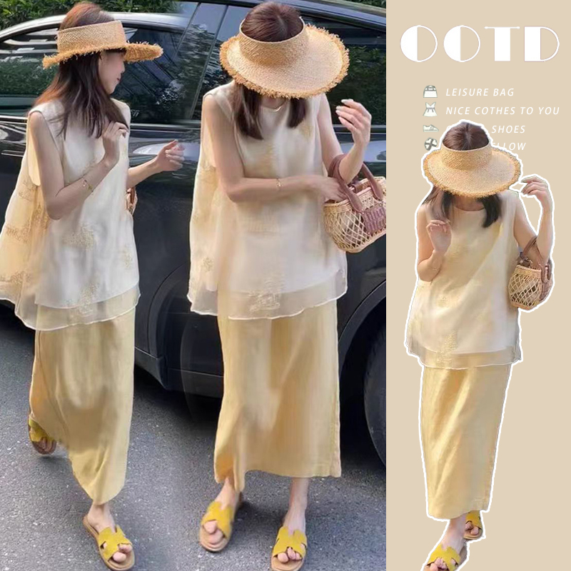 孕妇2025夏装一整套轻熟套装裙独特绝美刺绣衬衫半身裙两件套