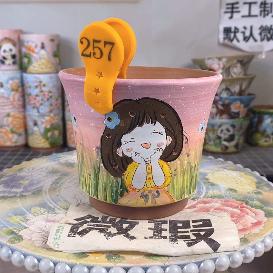 紫砂花盆红陶手绘花盆